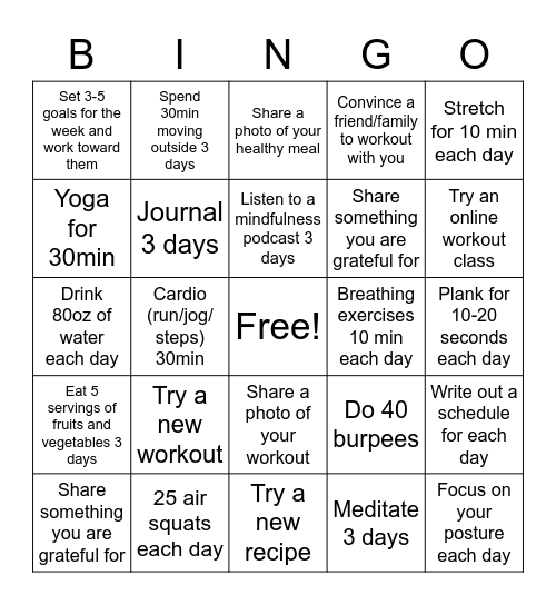Quarantine Wellness Challenge Bingo Card