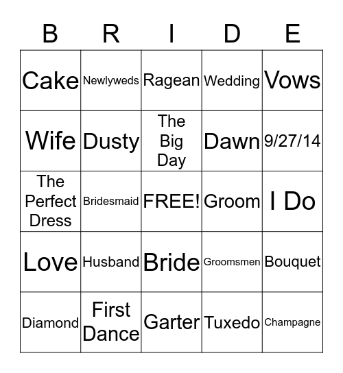 Dawn's Bridal Shower Bingo Card