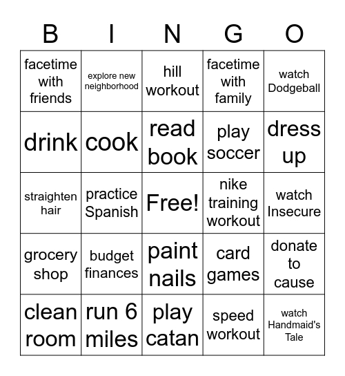 Spring Break 2020 Bingo Card