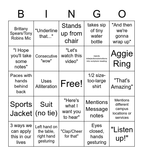 Pastor Greg Bingo Card