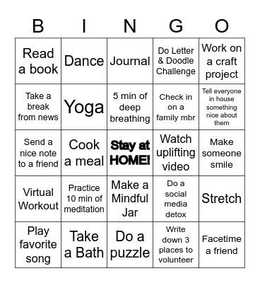 VRVR Self Care Bingo Card