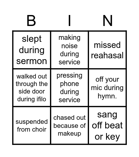cele choir Bingo Card