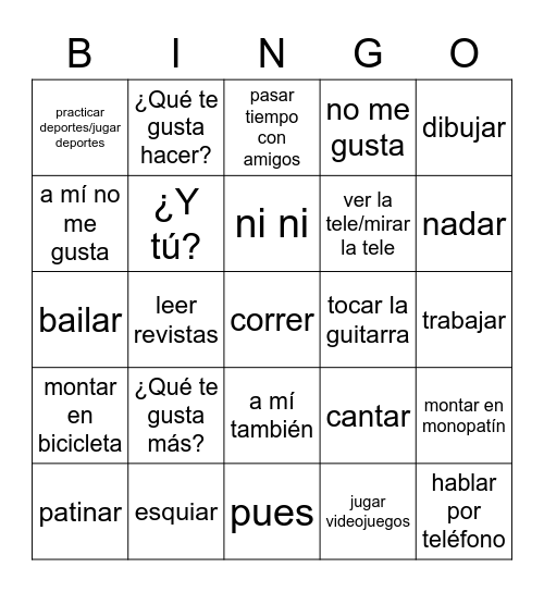 Vocabulary 1A Bingo Card