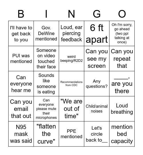 Covid-19 Conference Bingo Card