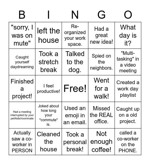 FUN! with WFH Quarantine edition Bingo Card