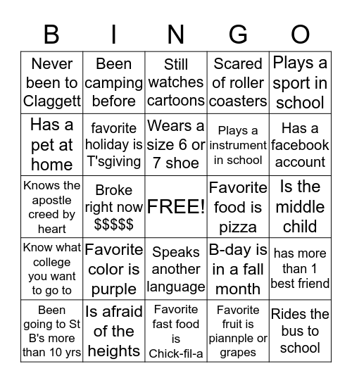 St B's Youth Ministry Bingo Card