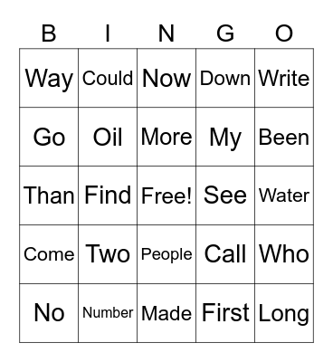 Word Bingo Card
