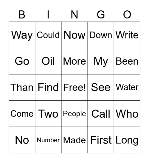 Word Bingo Card