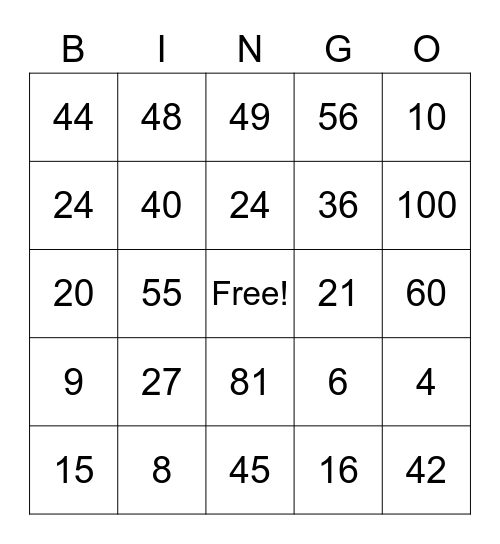 Multiplication Bingo Card