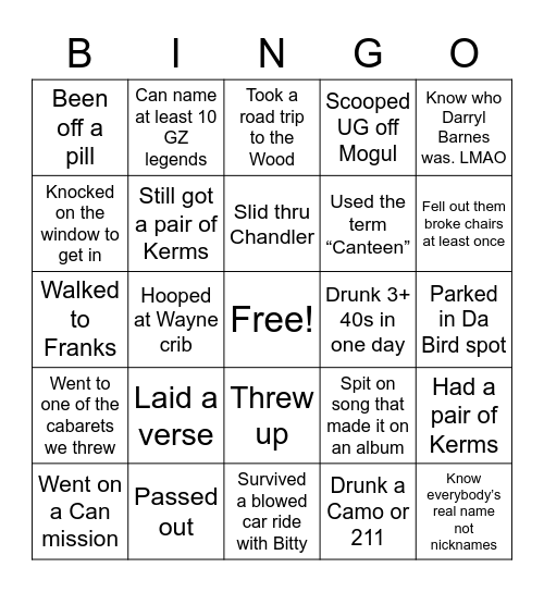 Ground Zero Bingo Card