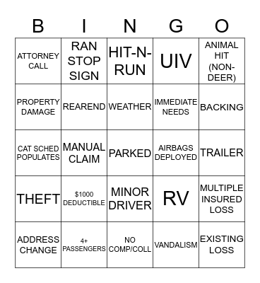 CLAIMS BINGO  Bingo Card
