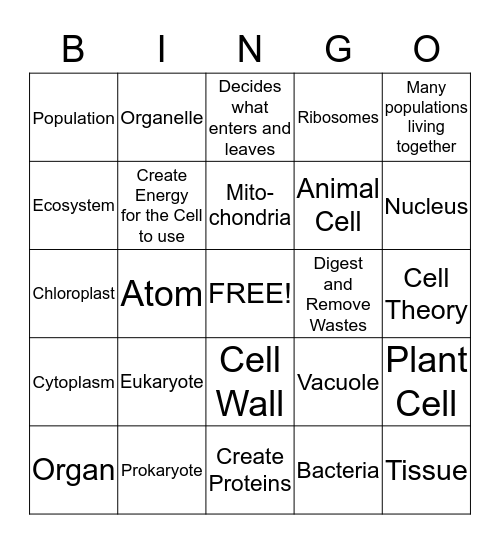 Levels of Organization and Cell Review  Bingo Card