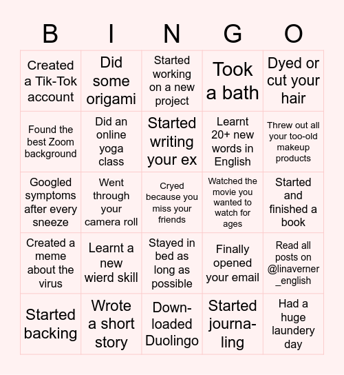 QUARANTINE Bingo Card