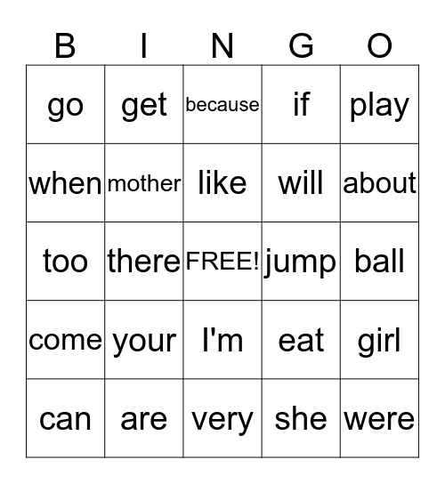 Sight Words  Bingo Card