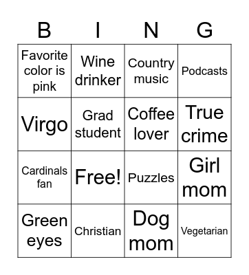 Amy's Bingo Card