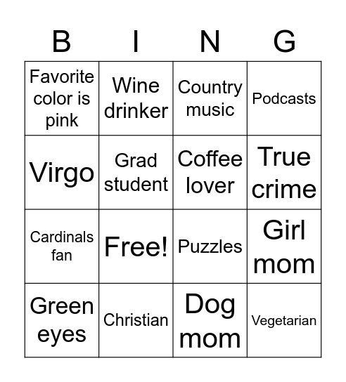 Amy's Bingo Card