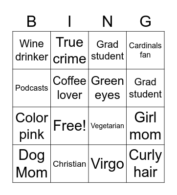 Amy's Bingo Card