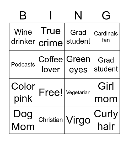 Amy's Bingo Card