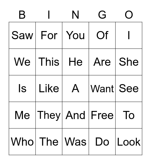 Sight Words Bingo Card