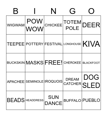 Native American Bingo Card