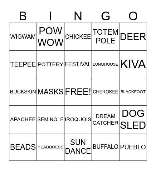 Native American Bingo Card