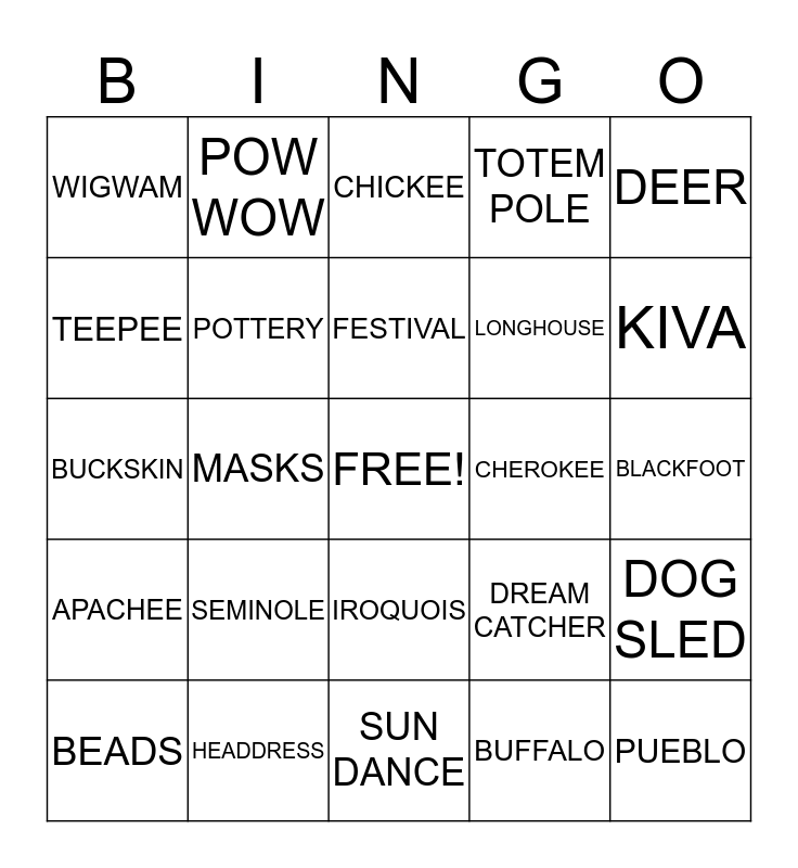 Native American Bingo Card