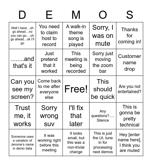 SAS Demo Happy Hour Bingo Card
