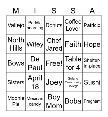 Melissa's 30th Birthday Bingo Card