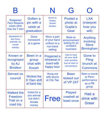 Penn Band Bingo Card