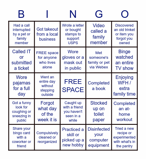 Social Distancing Bingo Card