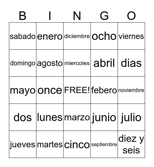 Spanish Bingo Card