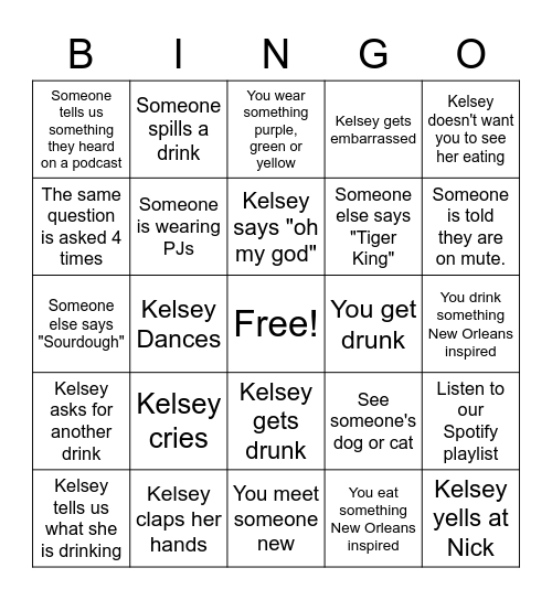 Kelsey's 30th (virtual) Birthday Party Bingo Card