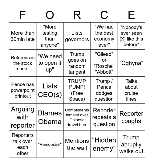 Task Force Bingo Card