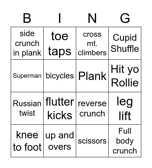 Ab Exercise Bingo Card