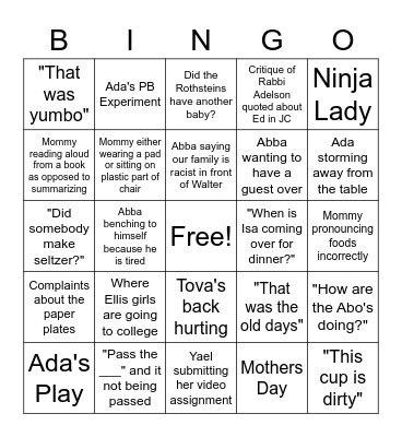 Family Shabbat Conversation Bingo Card