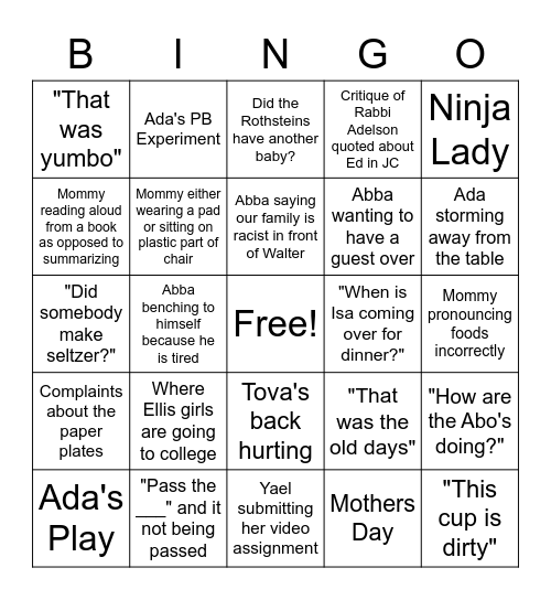 Family Shabbat Conversation Bingo Card