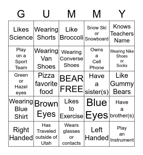Gummy Bear Team Bingo Card