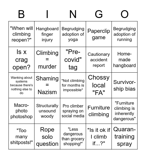 Covid-19 Climbing Forum Bingo Card