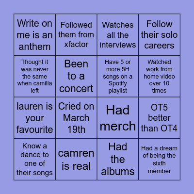 Fifth Harmony Bingo Card