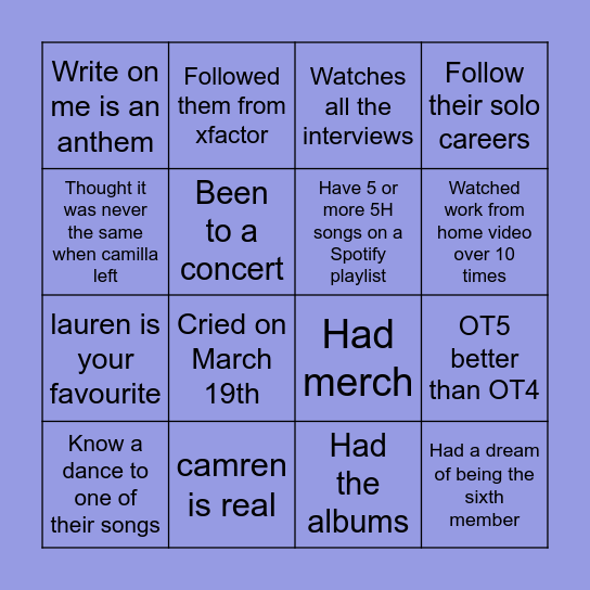 Fifth Harmony Bingo Card