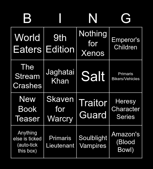 Warhammer Bingo Card