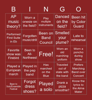 Centennial High Band Bingo Card