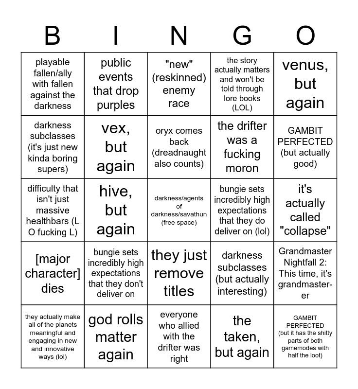 destiny 2 fall expansion bingo sheet Bingo Card