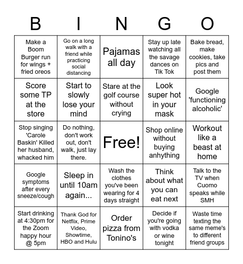 Robert's Covid-19 Bingo Card