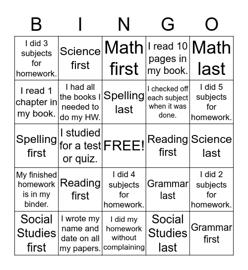 Homework Bingo Card