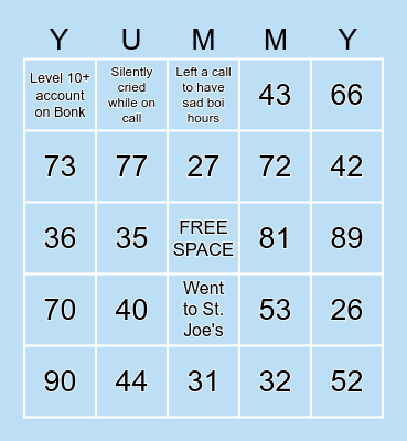 The Yummys Bingo Card
