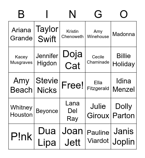Strong Female Musician Bingo Card