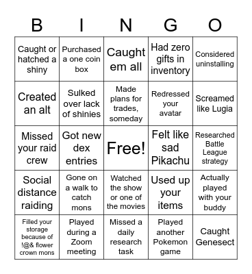 PoGo/Pokemon Quarantine Bingo Card