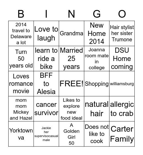 Jana Bingo Card