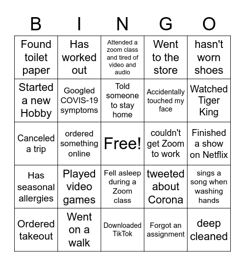 Quarantine Bingo Card